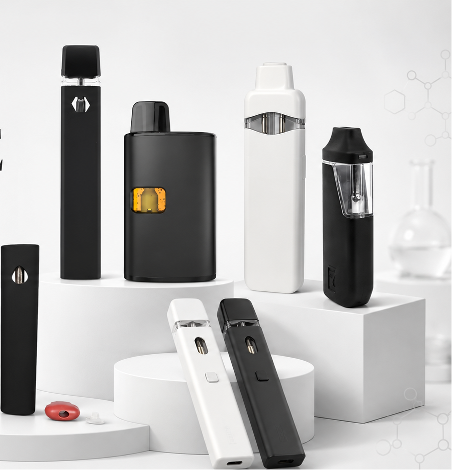A promotional display of multiple disposable vape devices in black and white, arranged on white pedestals against a clean light gray background with large text reading 'DISPOSABLE VAPES' and smaller marketing copy on the left.