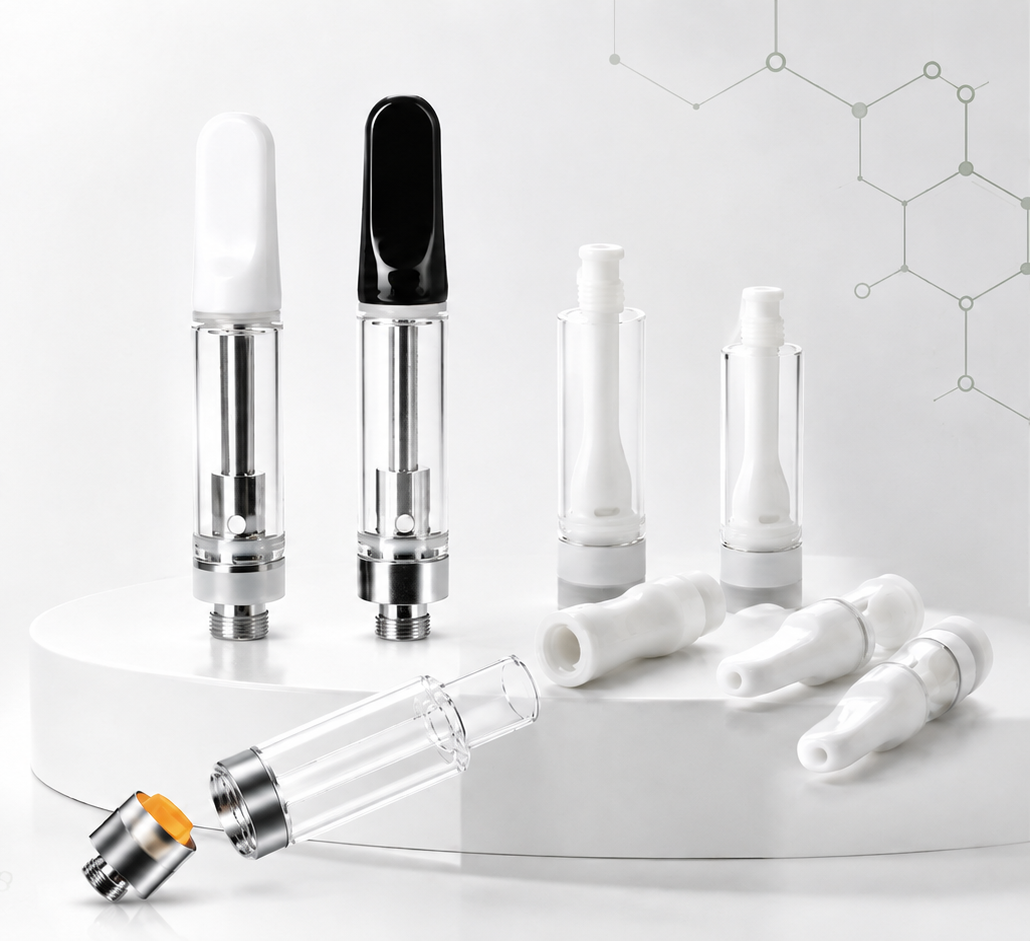 A set of clear and white disposable vape cartridges with silver metal bases, displayed on a white pedestal with one cartridge lying on its side. The background is white with faint chemical structures and the text 'VAPE CARTS' on the left.