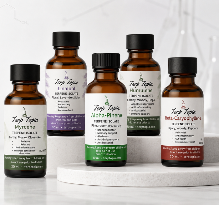 Five amber glass bottles of Terp Topia terpene isolates arranged on white pedestals against a light gray background with faint hexagon graphics. Large text on the left reads 'ISOLATED TERPENES' with smaller descriptive copy below.